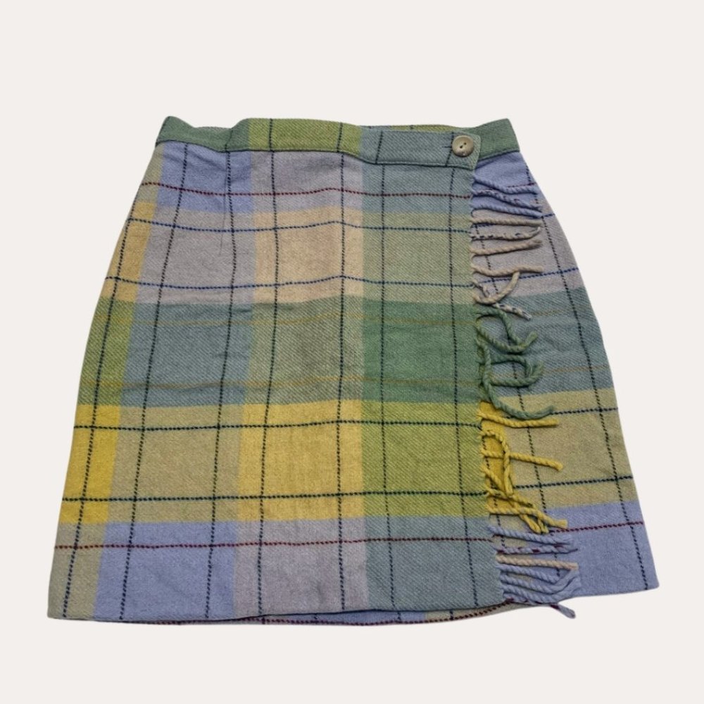 Simonetta Tartan Wool Skirt with Fringe Detail - Size 8